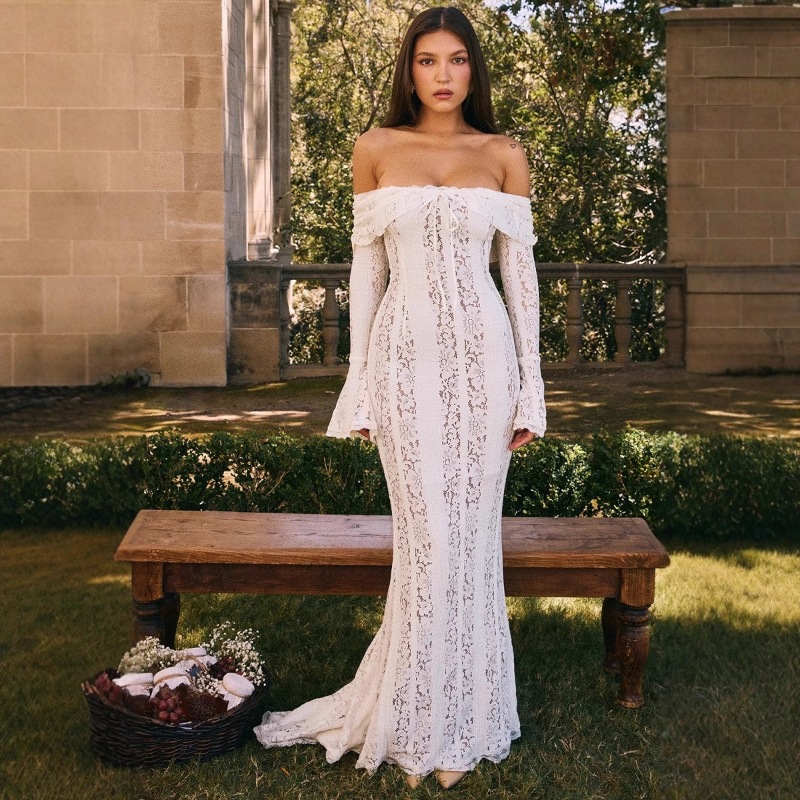 Lace Off-Shoulder Flounce Sleeve Maxi Dress