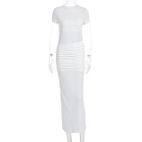 Solid Color Short Sleeve Pleated Maxi Dress GWSD-D1994539
