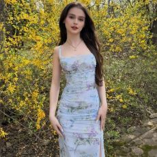 Floral Print Halter Split Maxi Dress GWSD-D1994517
