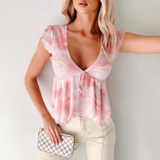 Print V Neck Tie Up Casual Tops GWSD-T1994493