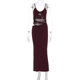 Patchwork Mesh Backless Maxi Dress GWSD-D1994480
