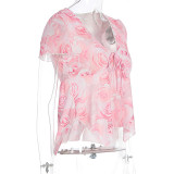 Print V Neck Tie Up Casual Tops GWSD-T1994493