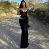 Patchwork Mesh Backless Maxi Dress GWSD-D1994480
