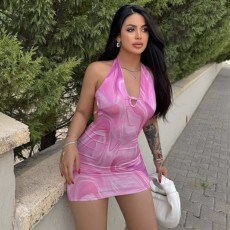 Backless V Neck Print Mini Dress GWSD-D1994429
