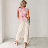 Print V Neck Tie Up Casual Tops GWSD-T1994493