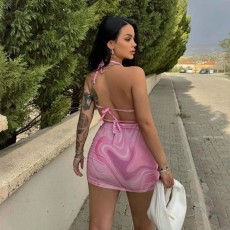 Backless V Neck Print Mini Dress GWSD-D1994429