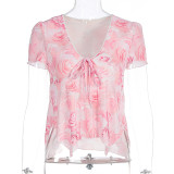 Print V Neck Tie Up Casual Tops GWSD-T1994493