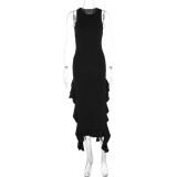 O Neck Sleeveless Ruffles Split Maxi Dress GWSD-D1992141