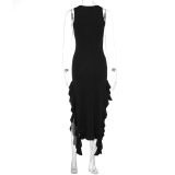 O Neck Sleeveless Ruffles Split Maxi Dress GWSD-D1992141
