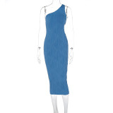 Stripe Print Slash Shoulder Hollow Out Midi Dress GWSD-D1992345