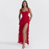 Solid Color Ruffles Patchwork Split Maxi Dress GWSD-D1992300