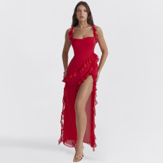 Solid Color Ruffles Patchwork Split Maxi Dress GWSD-D1992300
