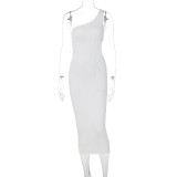 Stripe Print Slash Shoulder Hollow Out Midi Dress GWSD-D1992345