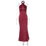 Backless Tie Up Solid Color Maxi Dress GWSD-1993425
