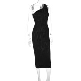 Stripe Print Slash Shoulder Hollow Out Midi Dress GWSD-D1992345