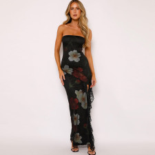 Print Lace Patchwork Wrap Chest Split Maxi Dress GWSD-D1992545