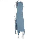 O Neck Sleeveless Ruffles Split Maxi Dress GWSD-D1992141