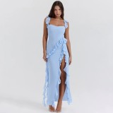 Solid Color Ruffles Patchwork Split Maxi Dress GWSD-D1992300