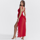 Solid Color Ruffles Patchwork Split Maxi Dress GWSD-D1992300