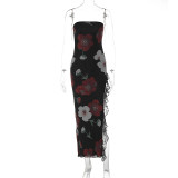 Print Lace Patchwork Wrap Chest Split Maxi Dress GWSD-D1992545