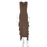 O Neck Sleeveless Ruffles Split Maxi Dress GWSD-D1992141