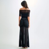 Off Shoulder Pleated Mesh Patchwork Dress 2 Piece Set GWSD-D1993943