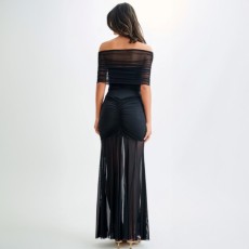 Off Shoulder Pleated Mesh Patchwork Dress 2 Piece Set GWSD-D1993943