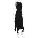 O Neck Sleeveless Ruffles Split Maxi Dress GWSD-D1992141