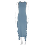 O Neck Sleeveless Ruffles Split Maxi Dress GWSD-D1992141