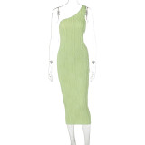 Stripe Print Slash Shoulder Hollow Out Midi Dress GWSD-D1992345
