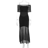 Off Shoulder Pleated Mesh Patchwork Dress 2 Piece Set GWSD-D1993943