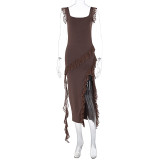 Solid Color Ruffles Patchwork Split Maxi Dress GWSD-D1992300