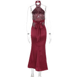 Backless Tie Up Solid Color Maxi Dress GWSD-1993425