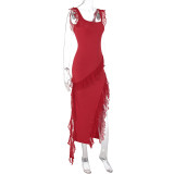 Solid Color Ruffles Patchwork Split Maxi Dress GWSD-D1992300