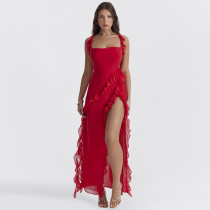 Solid Color Ruffles Patchwork Split Maxi Dress GWSD-D1992300