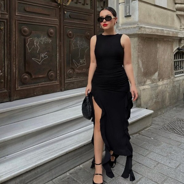 O Neck Sleeveless Ruffles Split Maxi Dress GWSD-D1992141