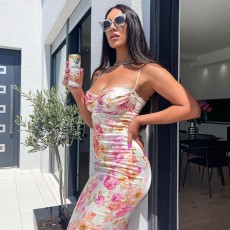 Halter Print Slim Off Shoulder Maxi Dress GWSD-D1992152