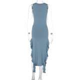 O Neck Sleeveless Ruffles Split Maxi Dress GWSD-D1992141