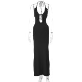 Sexy Halterneck Solid Color Maxi Dress GWSD-1992874