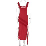 Solid Color Ruffles Patchwork Split Maxi Dress GWSD-D1992300