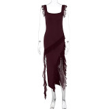 Solid Color Ruffles Patchwork Split Maxi Dress GWSD-D1992300