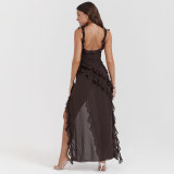 Solid Color Ruffles Patchwork Split Maxi Dress GWSD-D1992300