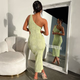Stripe Print Slash Shoulder Hollow Out Midi Dress GWSD-D1992345