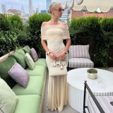 Off Shoulder Pleated Mesh Patchwork Dress 2 Piece Set GWSD-D1993943