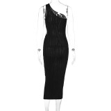Stripe Print Slash Shoulder Hollow Out Midi Dress GWSD-D1992345