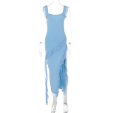 Solid Color Ruffles Patchwork Split Maxi Dress GWSD-D1992300