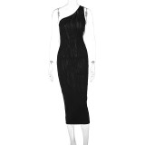 Stripe Print Slash Shoulder Hollow Out Midi Dress GWSD-D1992345