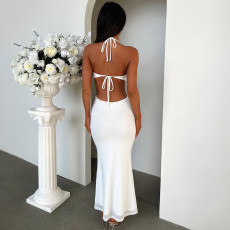 Sexy Halterneck Solid Color Maxi Dress GWSD-1992874