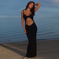 Sleeveless Hollow Out Solid Color Maxi Dress GWSD-D1993475