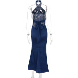 Backless Tie Up Solid Color Maxi Dress GWSD-1993425